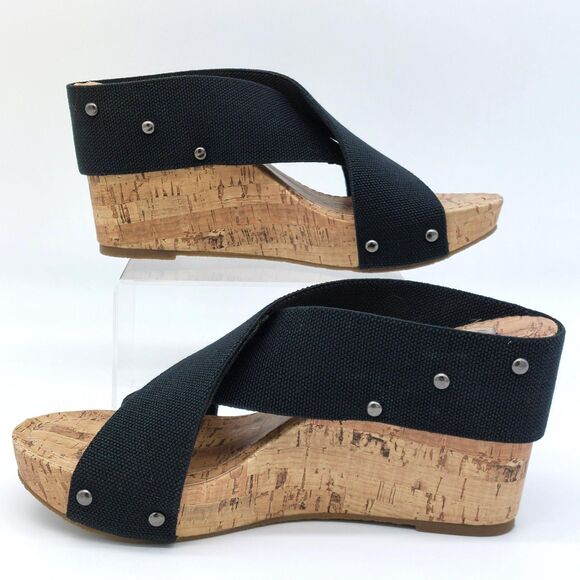 Esprit Black Cork Wedge Slide Sandals Women’s Sz 9M Criss Cross Canvas Platform - Picture 5 of 11